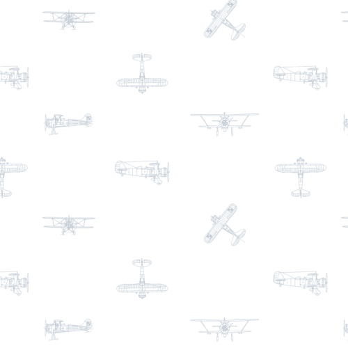 Detalle papel pintado infantil AVIONES BLANCO de Be Tip Top, diseño con avioncitos en tonos azul y fondo blanco, ideal para habitaciones de bebé o dormitorios infantiles temáticos.