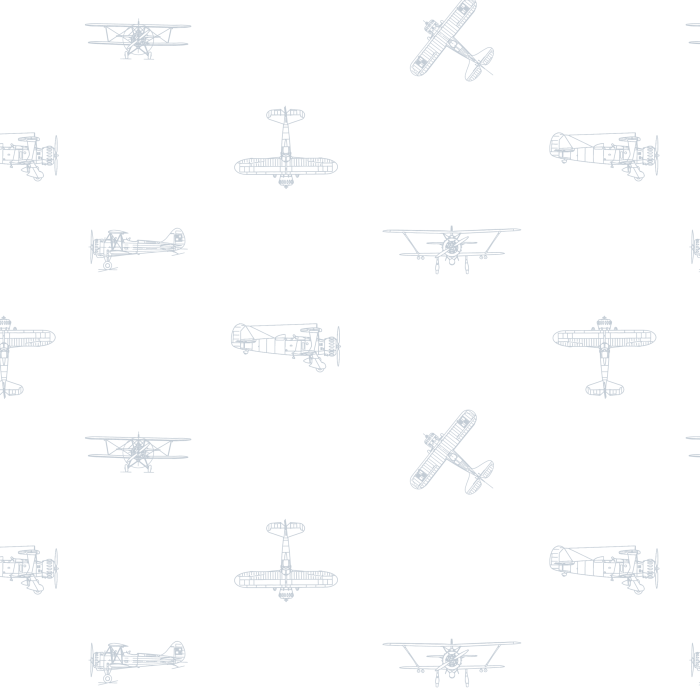 Detalle papel pintado infantil AVIONES BLANCO de Be Tip Top, diseño con avioncitos en tonos azul y fondo blanco, ideal para habitaciones de bebé o dormitorios infantiles temáticos.