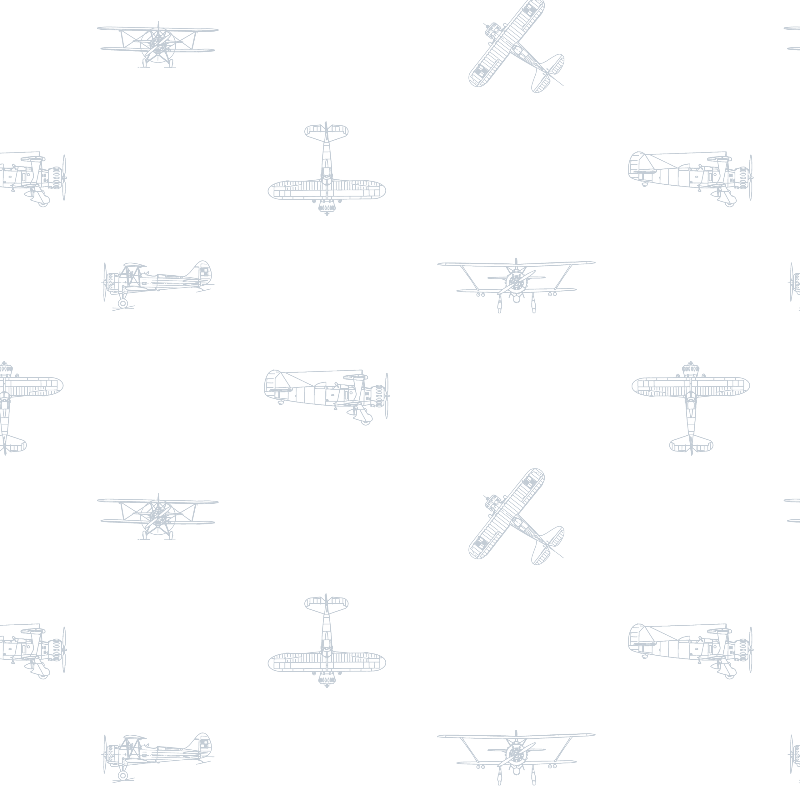 Detalle papel pintado infantil AVIONES BLANCO de Be Tip Top, diseño con avioncitos en tonos azul y fondo blanco, ideal para habitaciones de bebé o dormitorios infantiles temáticos.