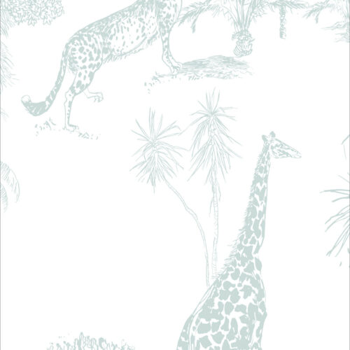 Detalle de Papel pintado JUNGLE AGUA de Be Tip Top, diseño tropical con hojas exóticas en tonos agua ideal para salones, espacios infantiles o espacios con estilo natural.