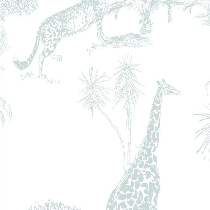 Detalle de Papel pintado JUNGLE AGUA de Be Tip Top, diseño tropical con hojas exóticas en tonos agua ideal para salones, espacios infantiles o espacios con estilo natural.