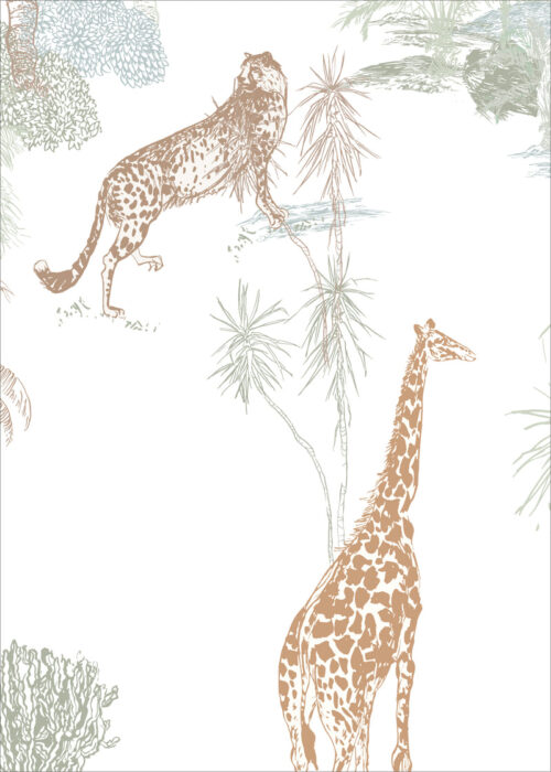 Detalle de Papel pintado JUNGLE MULTI de Be Tip Top, diseño tropical con hojas exóticas en tonos verdes, naranjas y beige, ideal para salones, espacios infantiles o espacios con estilo natural.