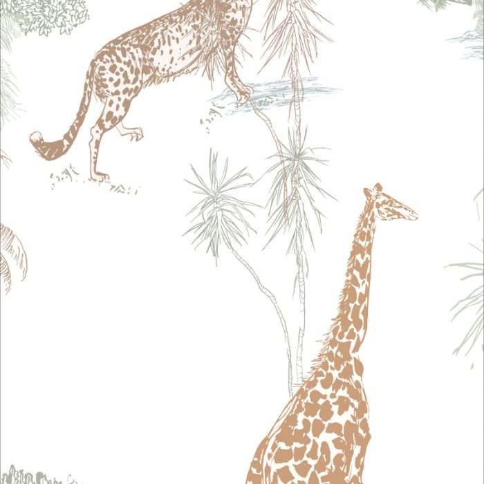 Detalle de Papel pintado JUNGLE MULTI de Be Tip Top, diseño tropical con hojas exóticas en tonos verdes, naranjas y beige, ideal para salones, espacios infantiles o espacios con estilo natural.