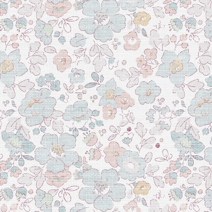 Detalle de Papel pintado LIBERTY de Be Tip Top, textura textil con estampado floral clásico en tonos beige y azul, ideal para salones elegantes y dormitorios acogedores.