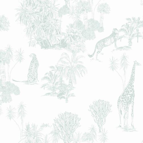 Detalle de Papel pintado JUNGLE AGUA de Be Tip Top, diseño tropical con hojas exóticas en tonos agua ideal para salones, espacios infantiles o espacios con estilo natural.