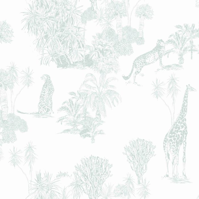 Detalle de Papel pintado JUNGLE AGUA de Be Tip Top, diseño tropical con hojas exóticas en tonos agua ideal para salones, espacios infantiles o espacios con estilo natural.