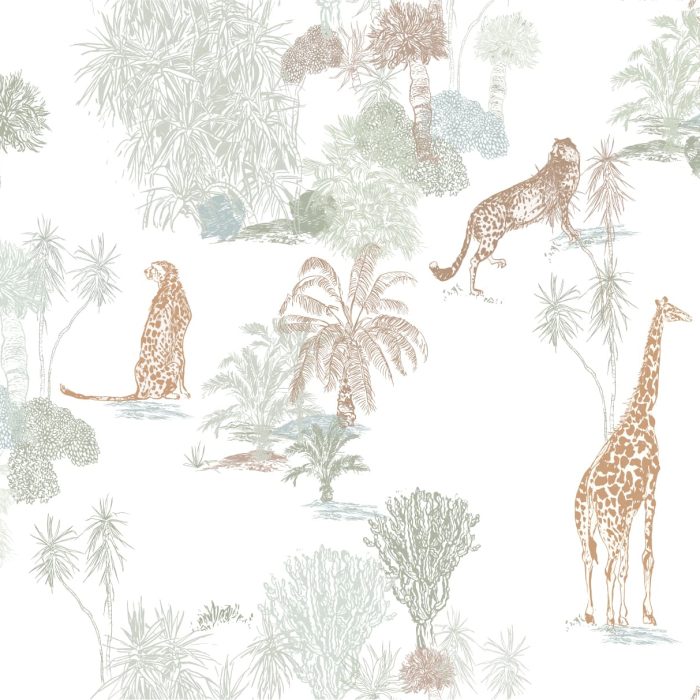 Papel pintado JUNGLE MULTI de Be Tip Top, diseño tropical con hojas exóticas en tonos verdes, naranjas y beige, ideal para salones, espacios infantiles o espacios con estilo natural.