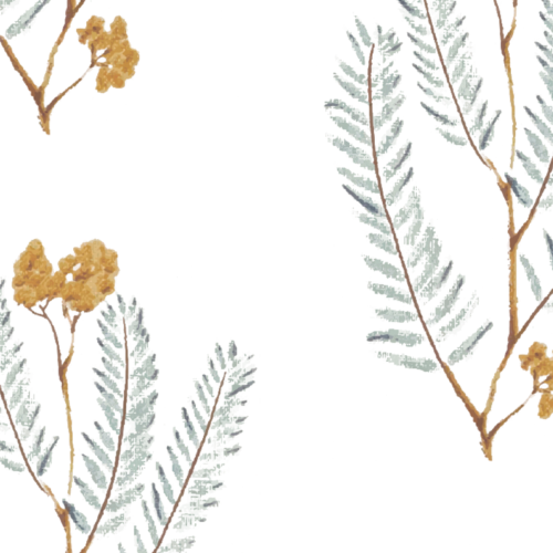 Detalle de Papel pintado MIMOSAS de Be Tip Top, diseño botánico con ramas y flores amarillas sobre fondo claro, ideal para salones, comedores, dormitorios o habitaciones infantiles.