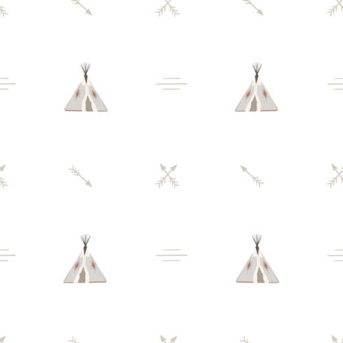 Detalle de papel pintado infantil TIPI BLANCO de Be Tip Top, diseño con tipis y montañas en tonos neutros, ideal para habitaciones infantiles de estilo nórdico o Montessori.