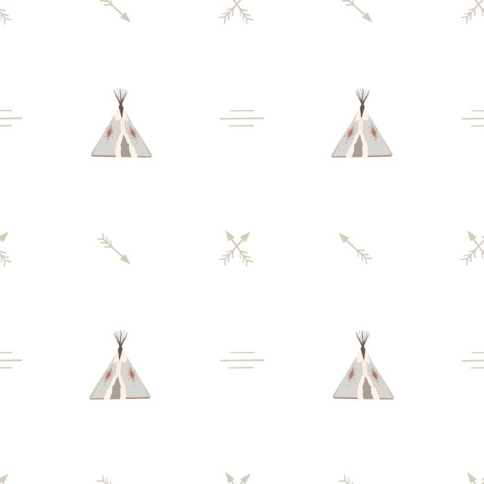 Detalle de papel pintado infantil TIPI BLANCO de Be Tip Top, diseño con tipis y montañas en tonos neutros, ideal para habitaciones infantiles de estilo nórdico o Montessori.