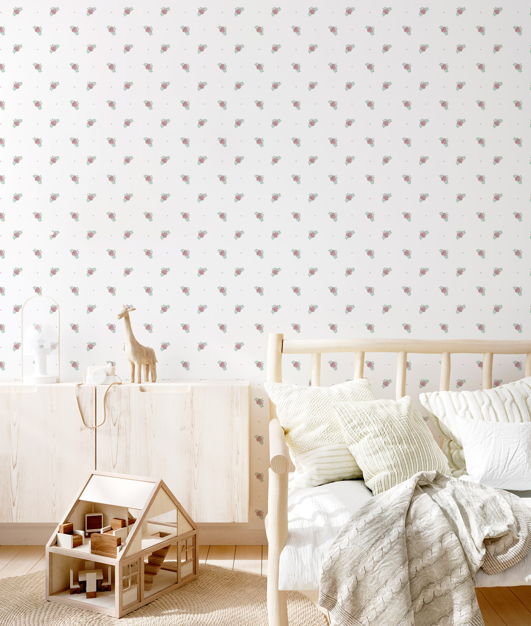 Papel pintado BAYAS NAVY de Be Tip Top, diseño botánico con ramas y bayas en tonos azul marino y blanco, ideal para habitaciones infantiles, salones elegantes o recibidores modernos.