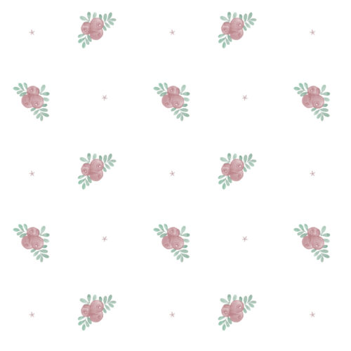 Detalle de papel pintado BAYAS MAUVE de Be Tip Top, diseño botánico con ramas y pequeñas bayas en tonos malva y crema, perfecto para habitaciones infantiles, salones o dormitorios de estilo natural.