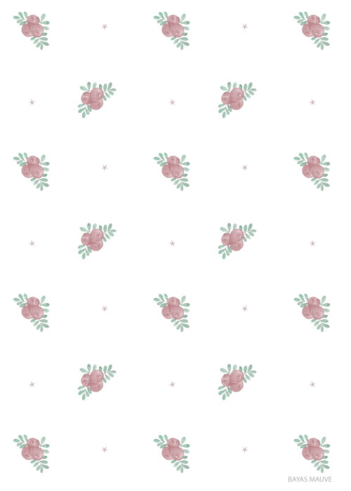 Detalle de papel pintado BAYAS MAUVE de Be Tip Top, diseño botánico con ramas y pequeñas bayas en tonos malva y crema, perfecto para habitaciones infantiles, salones o dormitorios de estilo natural.