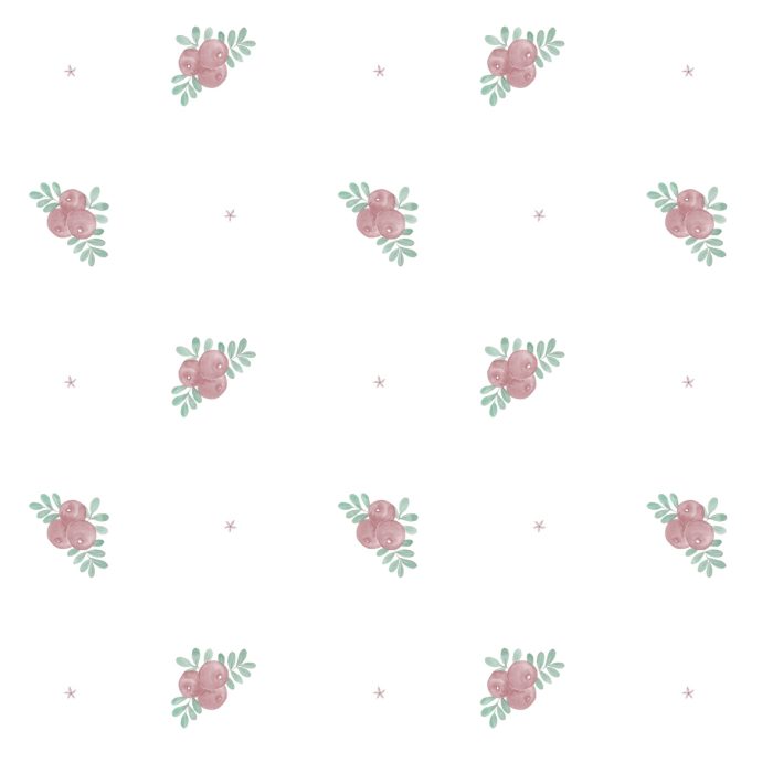 Detalle de papel pintado BAYAS MAUVE de Be Tip Top, diseño botánico con ramas y pequeñas bayas en tonos malva y crema, perfecto para habitaciones infantiles, salones o dormitorios de estilo natural.