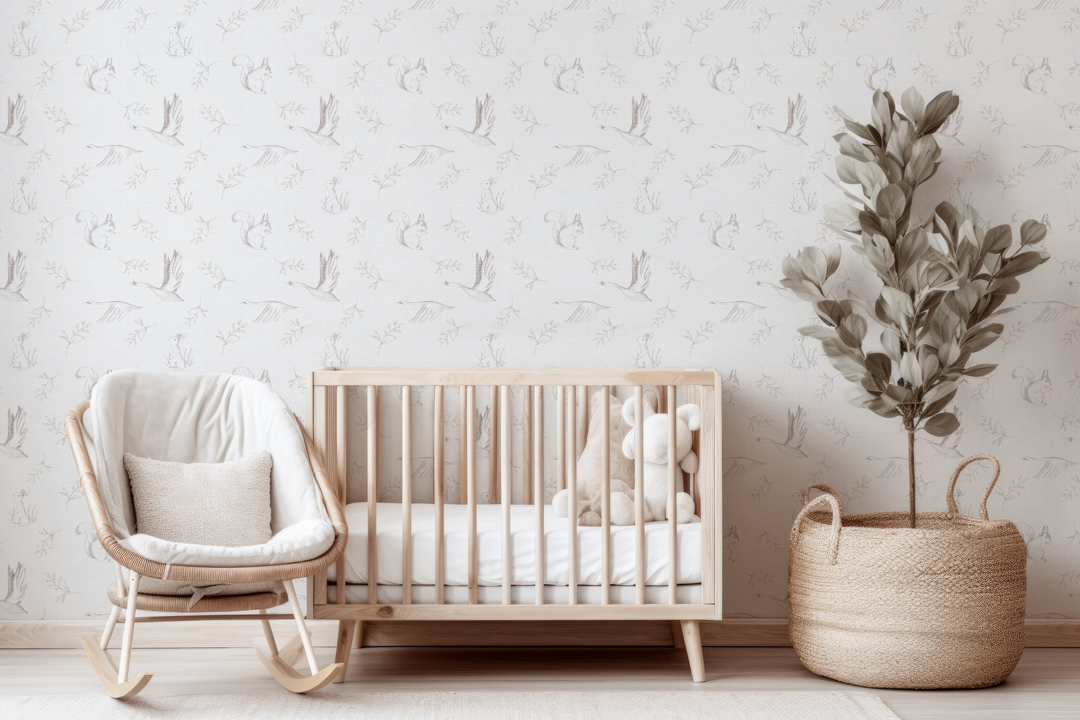 Papel pintado infantil BUNNY de Be Tip Top, diseño con conejitos y flores en tonos suaves, ideal para habitaciones de bebé o dormitorios infantiles.