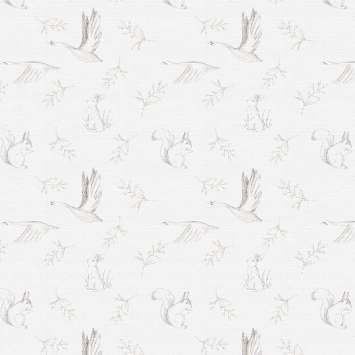 Detalle del papel pintado infantil BUNNY de Be Tip Top, con conejitos y flores en tonos beige y rosa, ideal para crear un ambiente dulce y acogedor en la habitación del bebé.