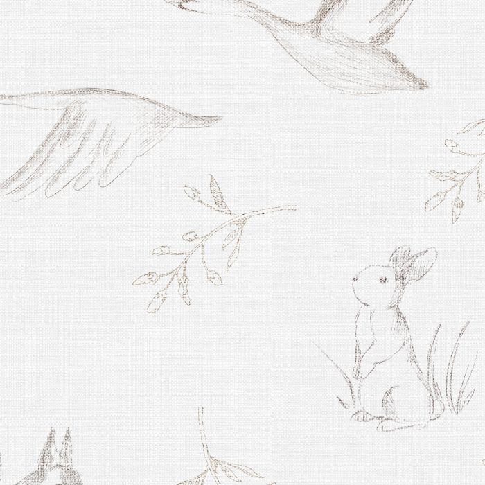 Detalle del papel pintado infantil BUNNY de Be Tip Top, con conejitos y flores en tonos beige y rosa, ideal para crear un ambiente dulce y acogedor en la habitación del bebé.