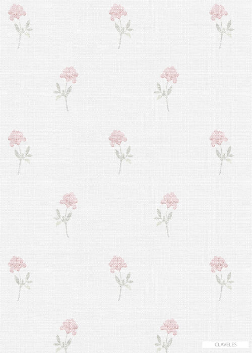 Detalle de papel pintado CLAVEL de Be Tip Top, diseño floral con claveles en tonos rosa y verde sobre fondo claro, ideal para salones, dormitorios o espacios románticos.