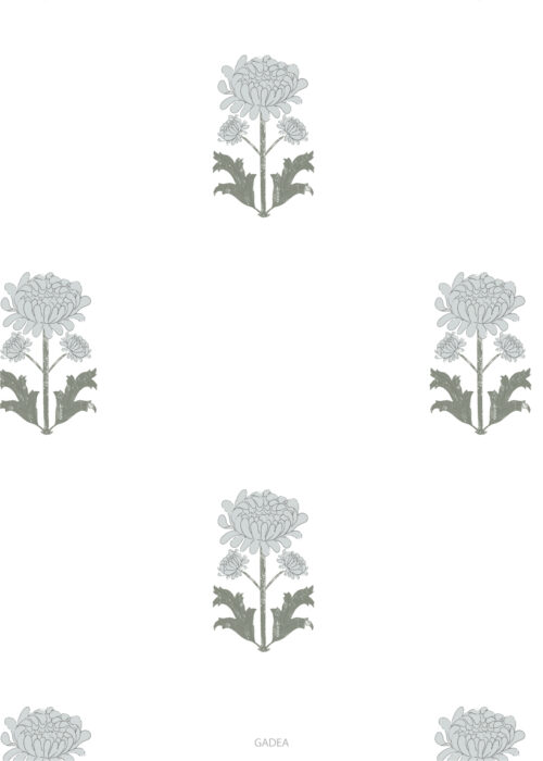 Detalle del papel pintado GADEA de Be Tip Top, motivo floral en tonos beige y verde, textura natural para ambientes cálidos y acogedores.