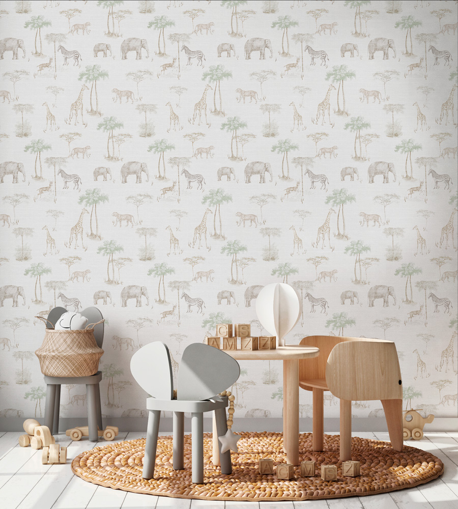 papel pintado KENIA de Be Tip Top, diseño geométrico con textura natural en tonos arena, beige y agua, ideal para habitaciones infantiles, de adultos, salones modernos o espacios con estilo étnico.