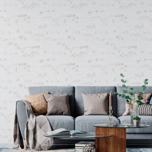 Papel pintado PIRINEOS de Be Tip Top, diseño textil en tonos neutros con textura natural, ideal para salones o dormitorios de estilo cálido y acogedor.