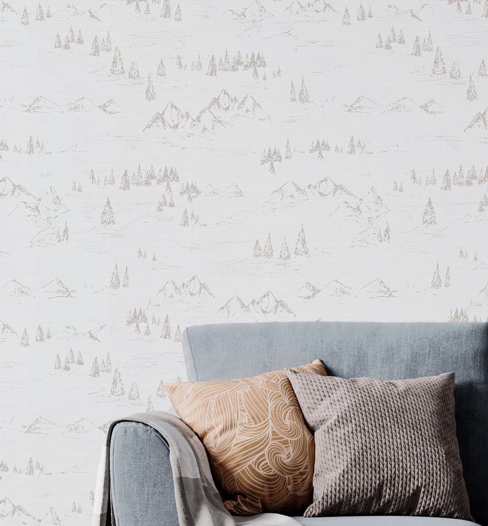 Papel pintado PIRINEOS de Be Tip Top, diseño textil en tonos neutros con textura natural, ideal para salones o dormitorios de estilo cálido y acogedor.
