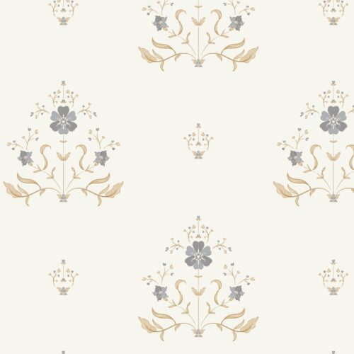 Detalle de papel pintado PRIMROSE AZUL de Be Tip Top, diseño floral con pequeñas flores en tonos azul y blanco, ideal para habitaciones infantiles, salones o dormitorios de estilo clásico y luminoso.