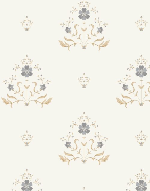 Detalle de papel pintado PRIMROSE AZUL de Be Tip Top, diseño floral con pequeñas flores en tonos azul y blanco, ideal para habitaciones infantiles, salones o dormitorios de estilo clásico y luminoso.