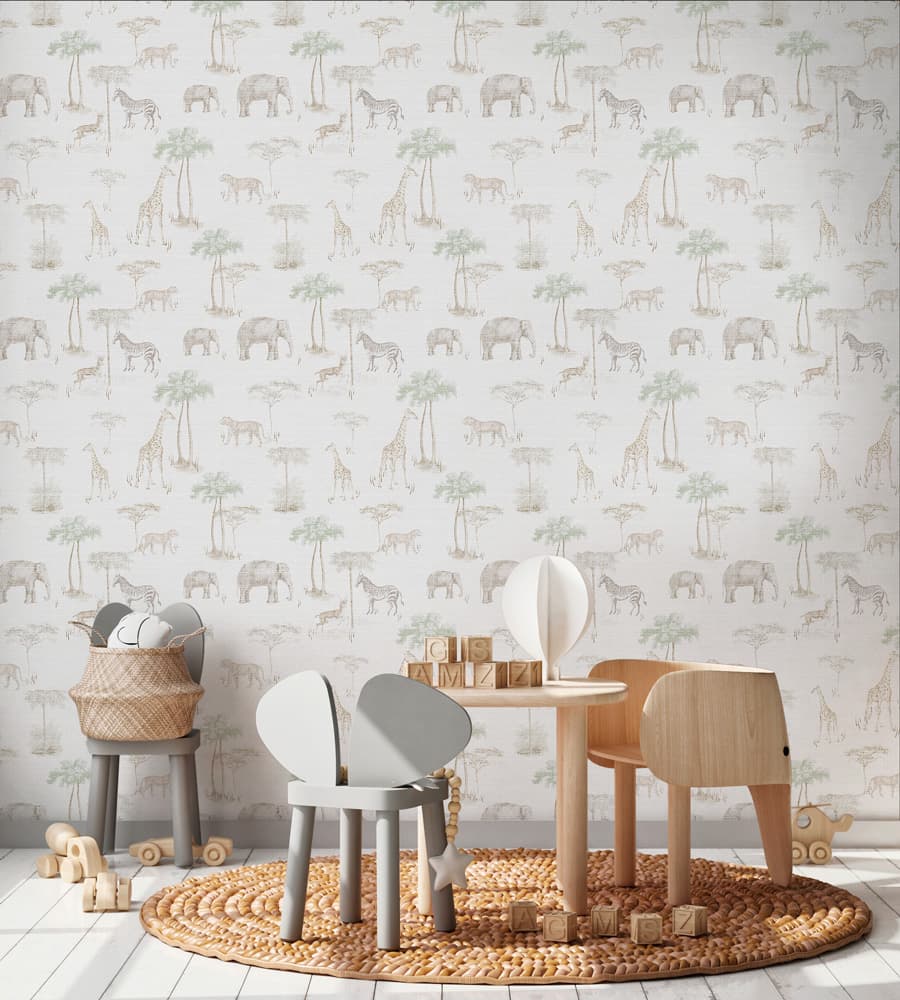 papel pintado KENIA de Be Tip Top, diseño geométrico con textura natural en tonos arena, beige y agua, ideal para habitaciones infantiles, de adultos, salones modernos o espacios con estilo étnico.