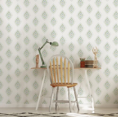 Papel pintado MALLORCA VERDE de Be Tip Top, diseño floral con hojas y ramas en tonos verde salvia y beige, ideal para salones o dormitorios con estilo natural y mediterráneo.