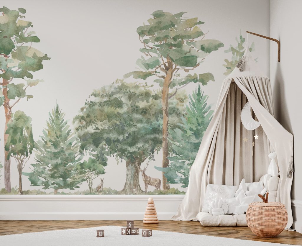 Papel pintado CANADÁ de Be Tip Top, diseño de hojas y ramas en tonos tierra y verde, ideal para salones, recibidores, dormitorios o espacios con estilo natural y acogedor.